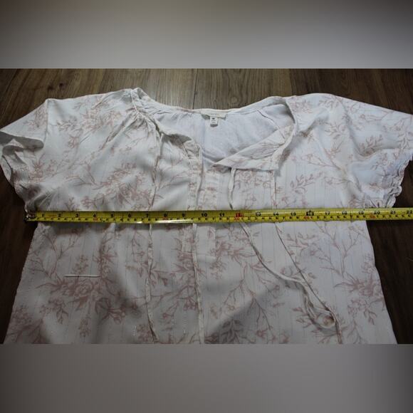 Como Blu Boho Peasant Blouse Cream Pink Floral Tie Neck Top M - Picture 4 of 5